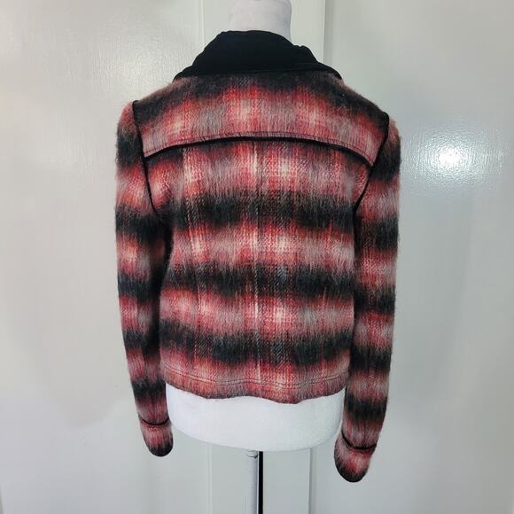 Free People Size EST S Red Wool Jacket Plaid Military Black Velvet Trim - Picture 9 of 15
